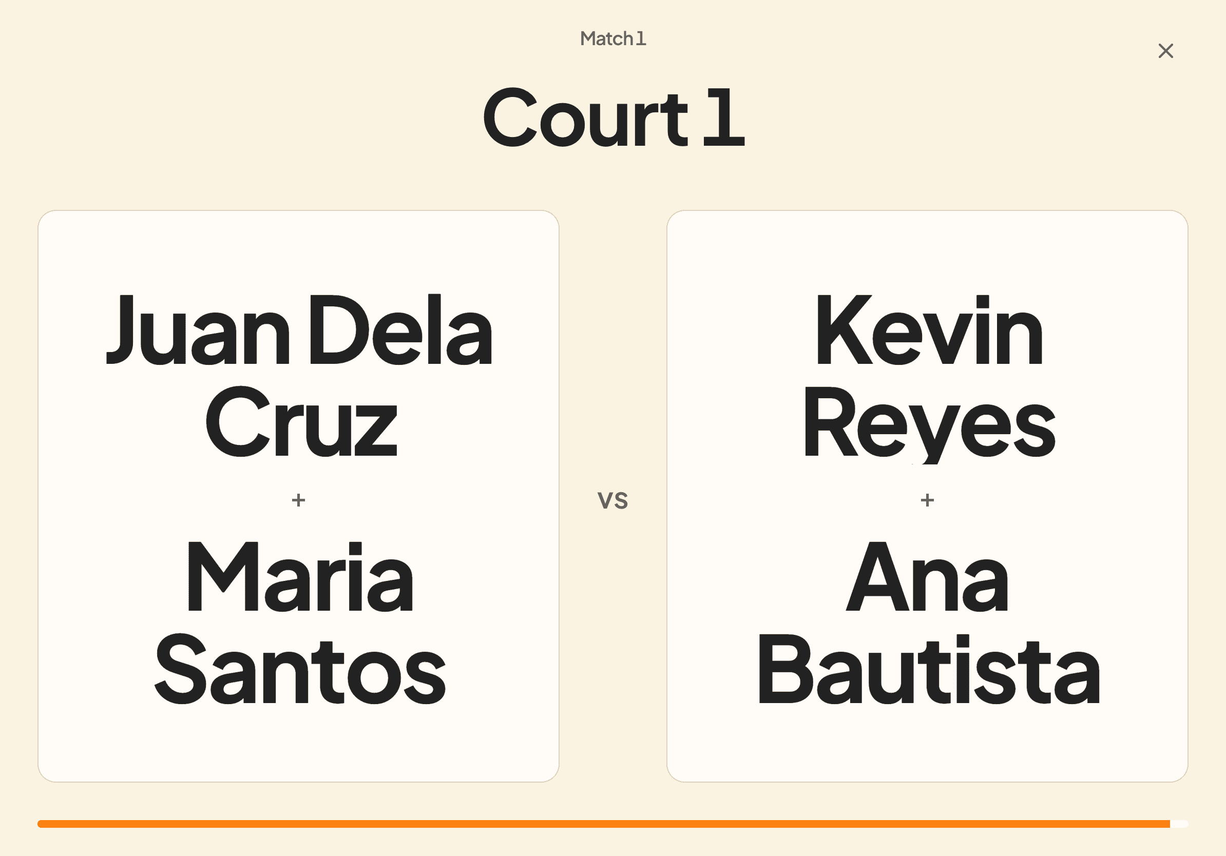 A called match filling a tablet screen: the heading reads Court 1, with Juan Dela Cruz and Maria Santos on one card facing Kevin Reyes and Ana Bautista on the other, and an amber bar across the bottom counting the call down.