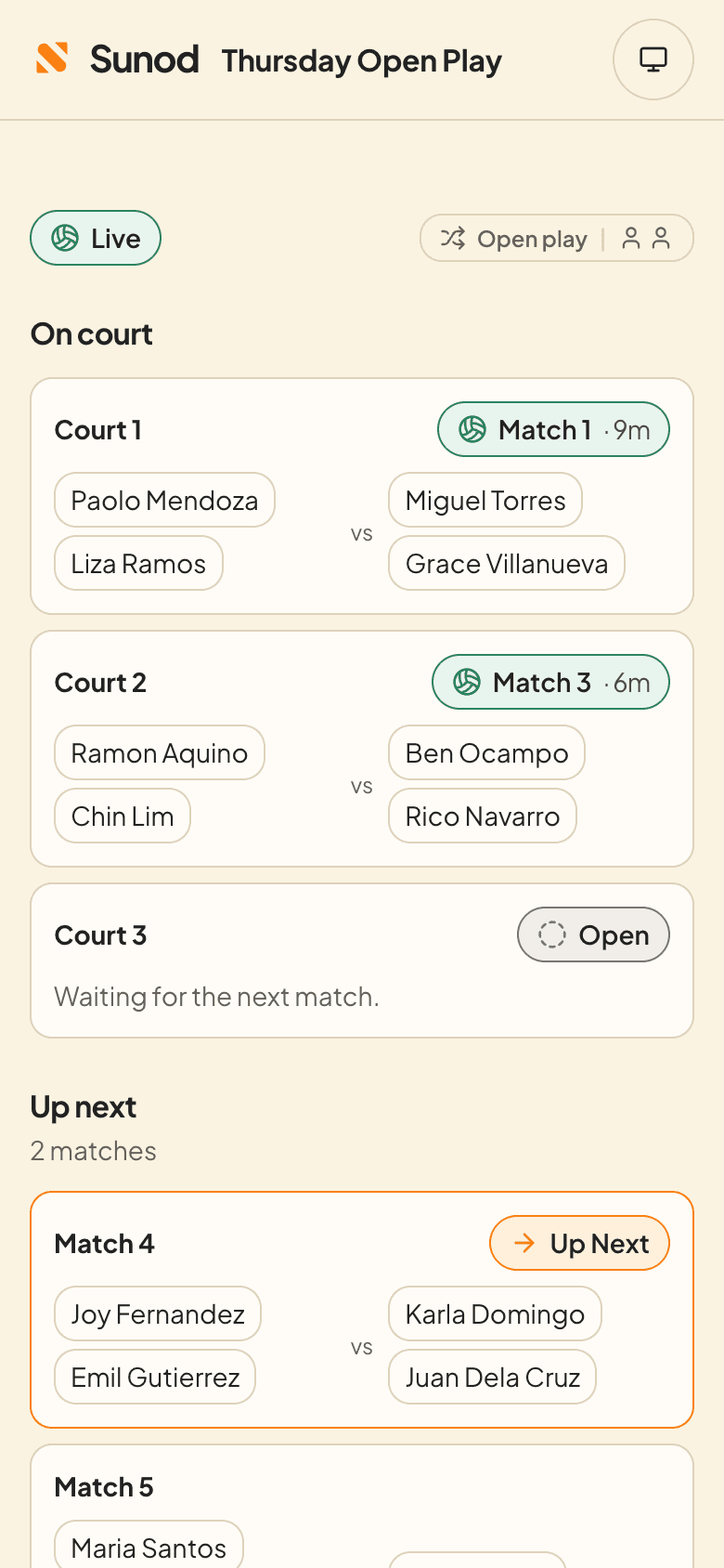 The page a player opens: the session marked Live, two courts each with a match in progress, a third court open, and an Up next section highlighting the match they are in.
